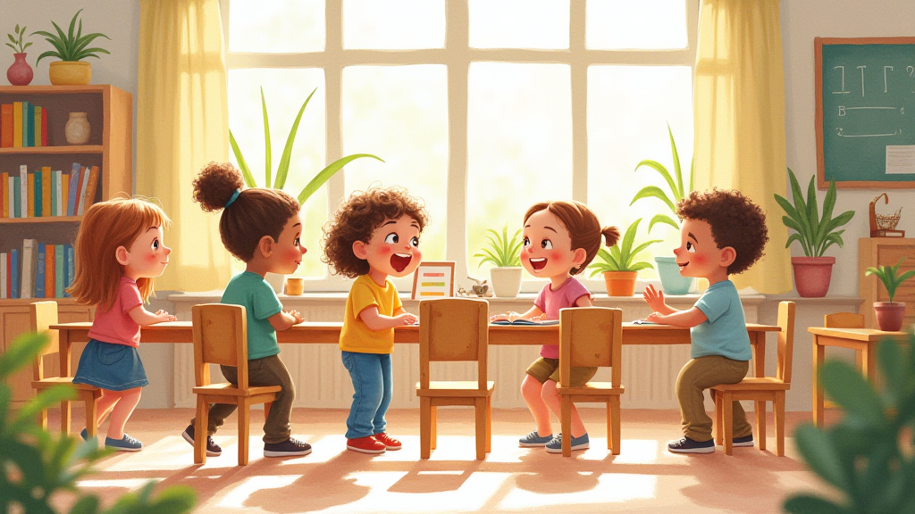 子どもたちが教室で楽しく学ぶイラスト